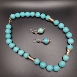 Faux Turquoise Bead Necklace and Earrings in Sterling Silver Hardware Set